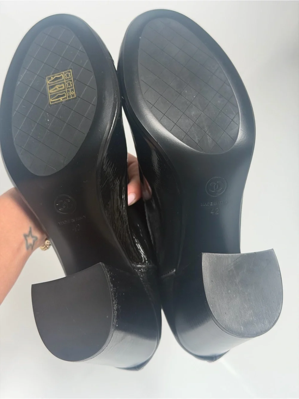CHANEL Black Patent Leather Block Heel Mid-Calf Boots
